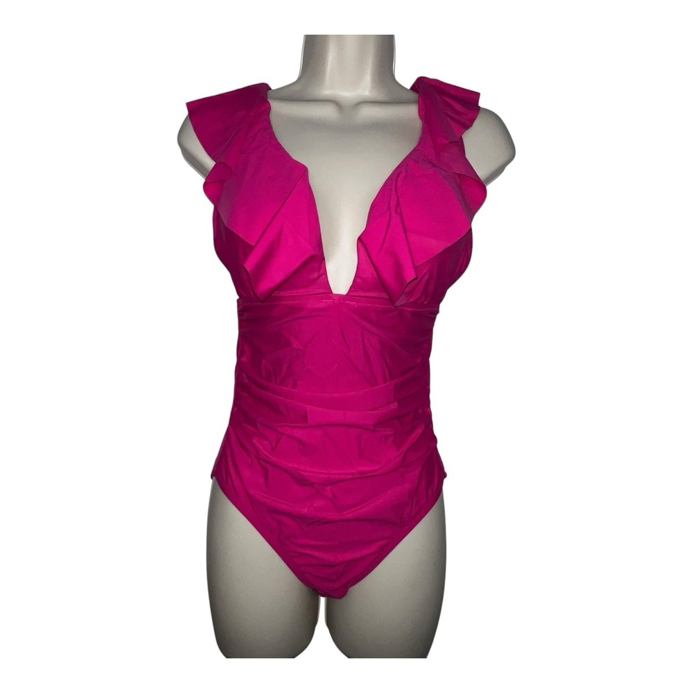 J. Crew Ruched Ruffle One Piece Swimsuit Pink NWT Size 10 Colorful Bright Girly - Picture 2 of 9
